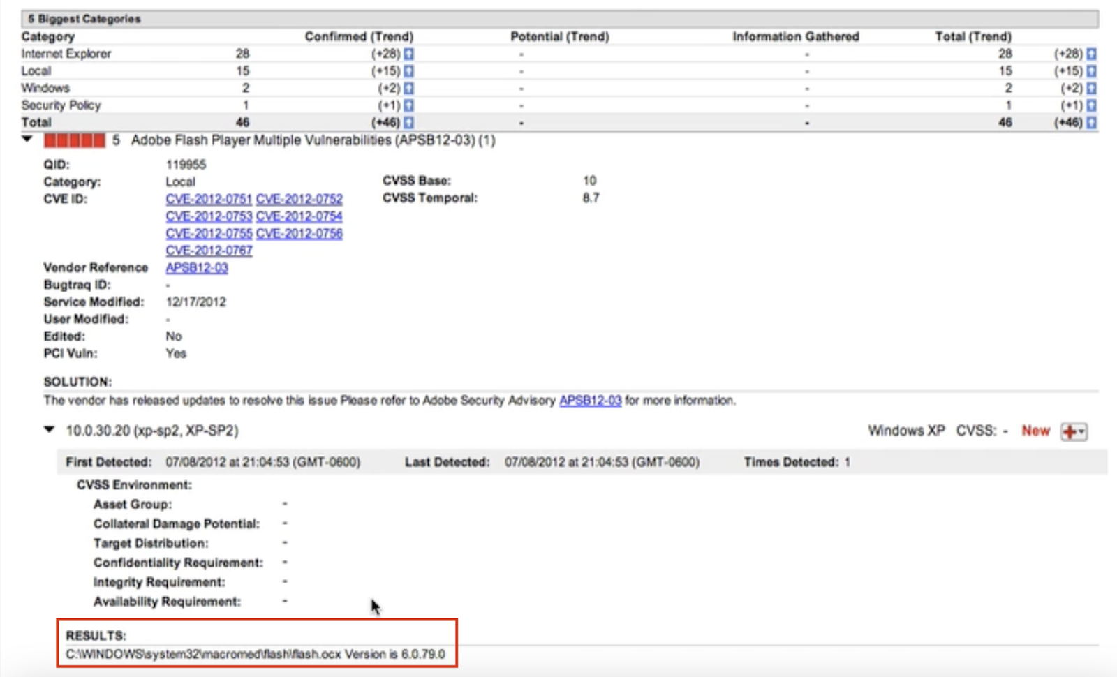 Qualys vulnerability evidence shows a path with a version string combined together