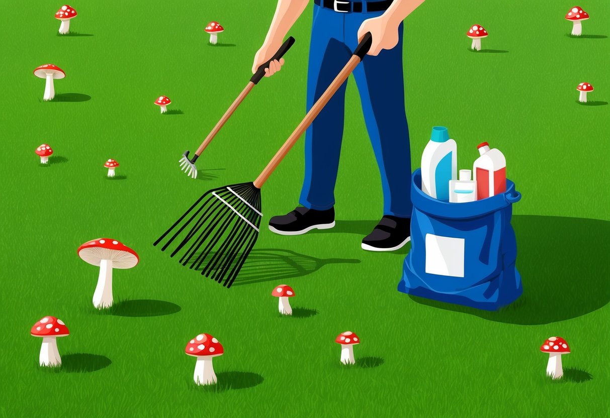 A lush green lawn with scattered mushrooms, a person holding a rake and a bag of lawn care products nearby