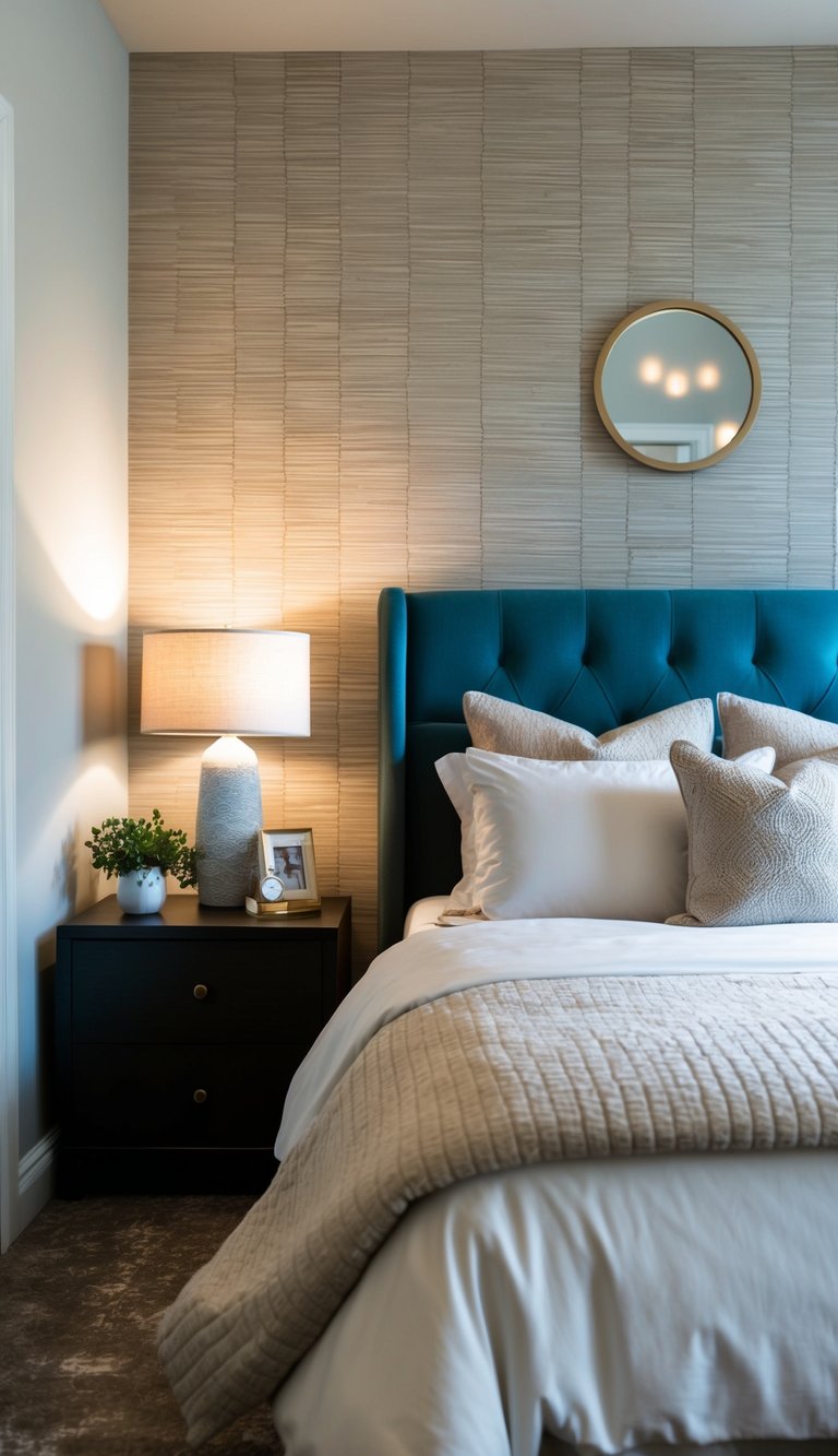 A cozy guest bedroom with a textured wallpaper accent wall, soft lighting, and plush bedding