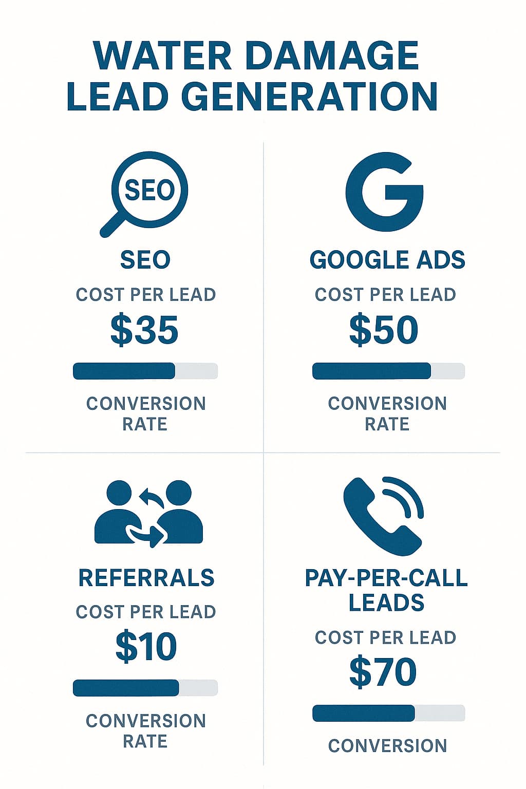 Water damage lead generation strategy comparison showing SEO, Google Ads, referrals, and pay-per-call leads with cost and conversion metrics for restoration marketing.