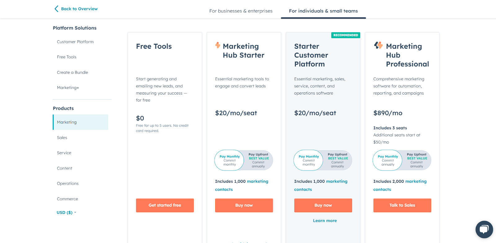 HubSpot Pricing For Individuals and Small Teams