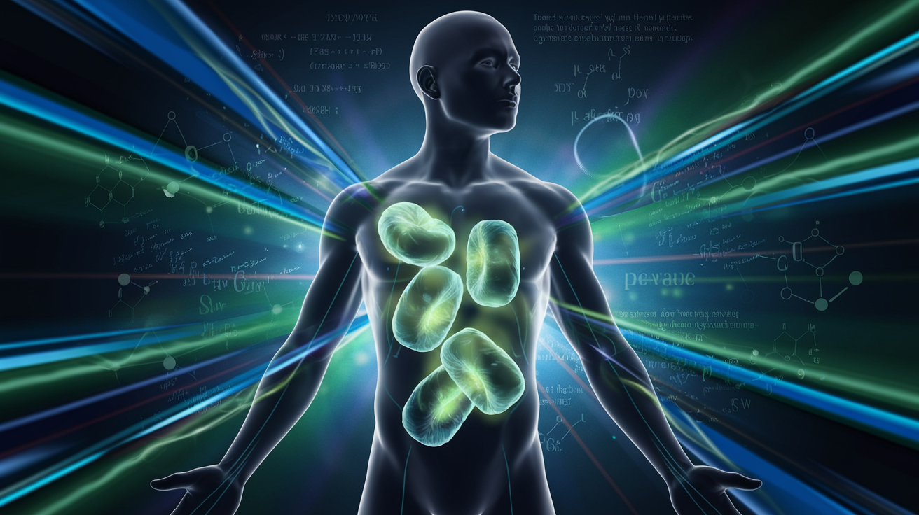 Create a realistic image of a stylized human body silhouette with glowing mitochondria visible inside, surrounded by vibrant energy streams in blues and greens, set against a dark background with scientific formulas and molecular structures floating around, conveying a sense of advanced cellular energy production and optimized bodily functions.