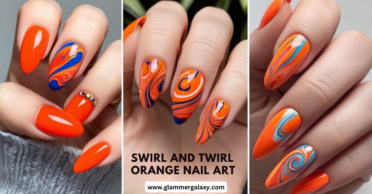 Orange nails with swirl and twirl designs