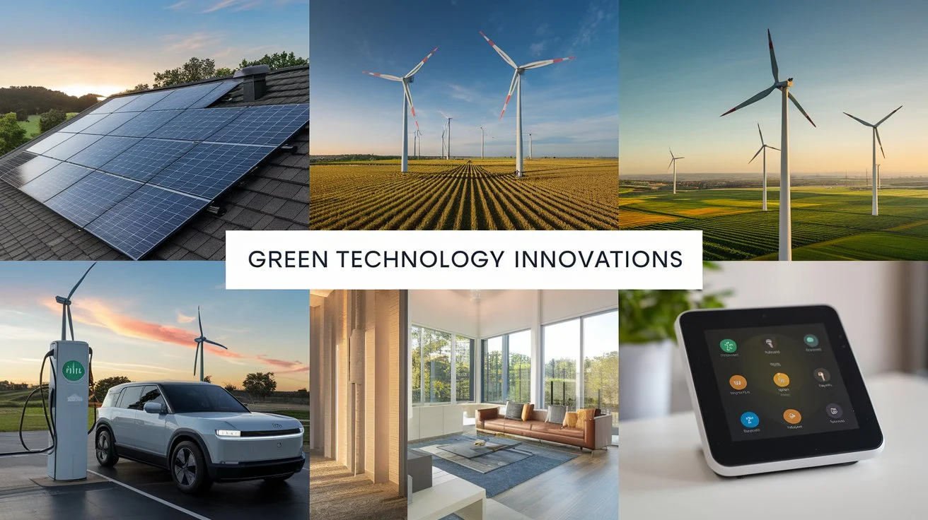 A collage of green technology innovations including solar panels, wind turbines, electric vehicles, and smart home devices.