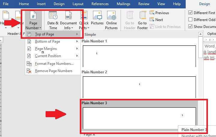 Pilih bentuk penomoran berbeda, misalnya “Top of Page” lalu pilih “Plain Number 3”