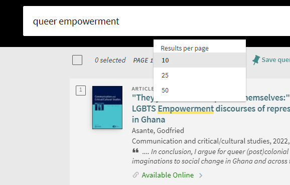 A snippet of UC Library Search search results demonstrating how to change the number of search results displayed per page.