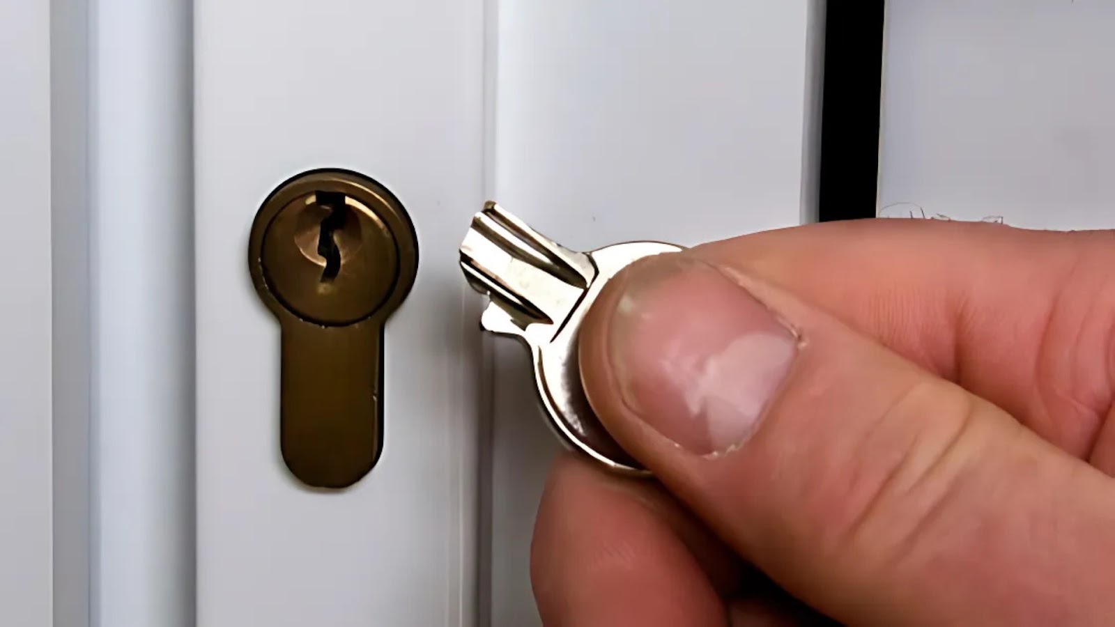 A hand holding a broken key in a door lock.