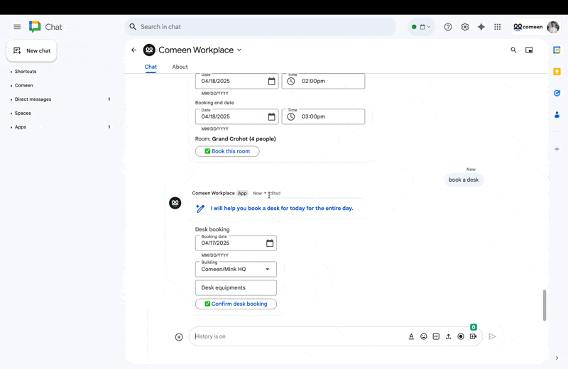 Comeen Workplace AI Agent for the Comeen Google Chat app