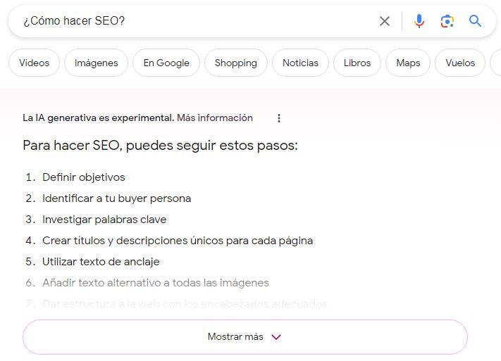 Página de resultados de Google SGE con zero clicks search