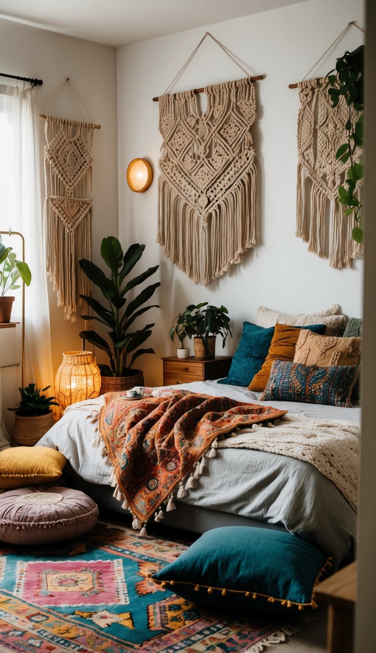 A cozy bedroom with eclectic decor: macrame wall hangings, colorful patterned rugs, and floor cushions. A mix of vintage and modern furniture, plants, and soft lighting create a relaxed bohemian vibe