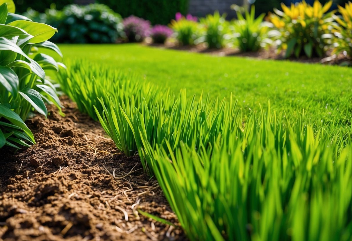 Lush green lawn with vibrant, healthy grass surrounded by rich, fertile soil and thriving plants