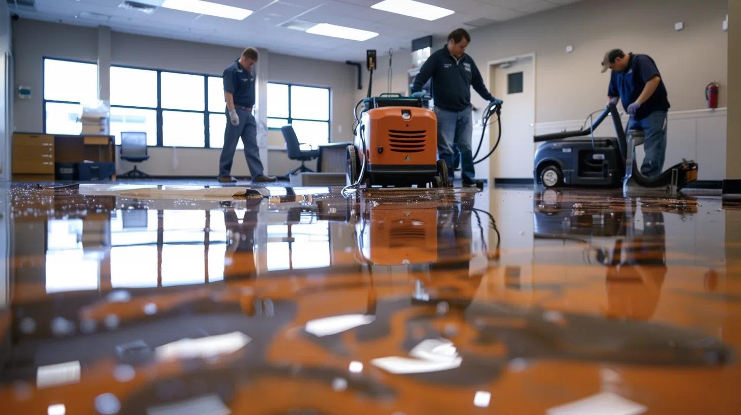a professional water damage restoration team is actively using heavy-duty extraction equipment in a modern, well-lit office space, focusing on efficiently removing water from carpets and structural elements amidst visible signs of previous water damage.