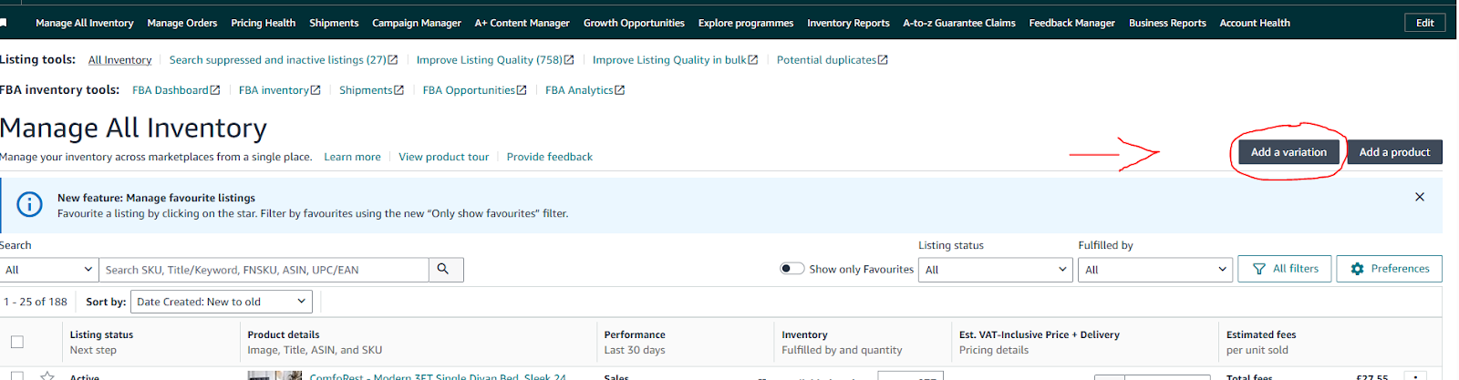manage inventory page in seller central