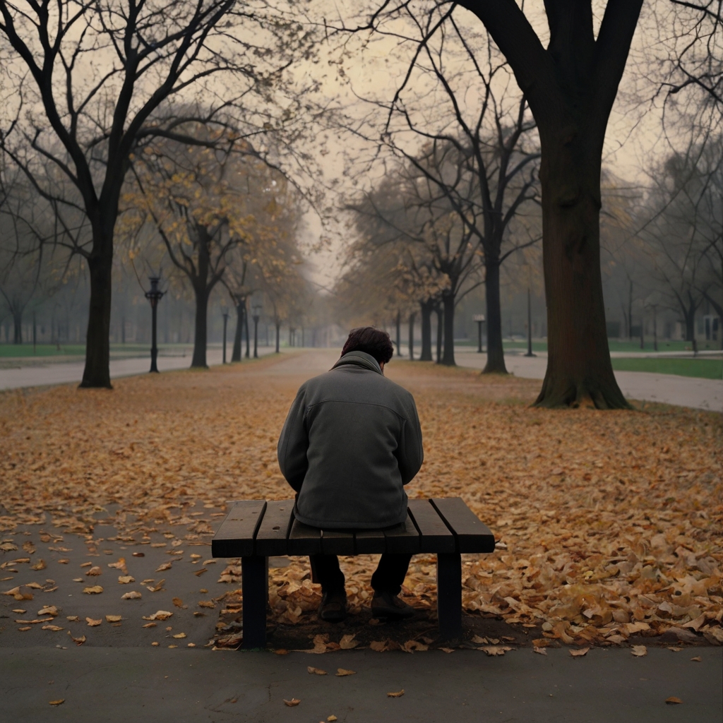 Man sitting alone on a bench in a quiet park, reflecting on emotional healing after a breakup.