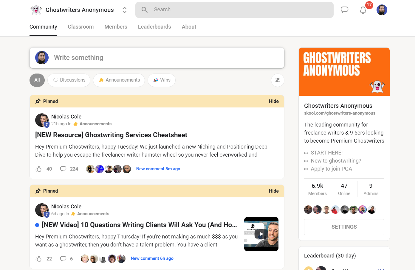 Ghostwriters Anonymous community page with pinned posts showing on left, community info on right