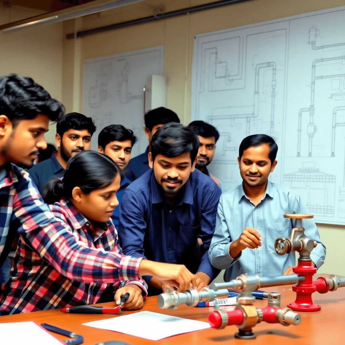 A lively classroom scene with students engaged in hands-on piping training, surrounded by technical drawings and diagrams showcasing piping design concepts.