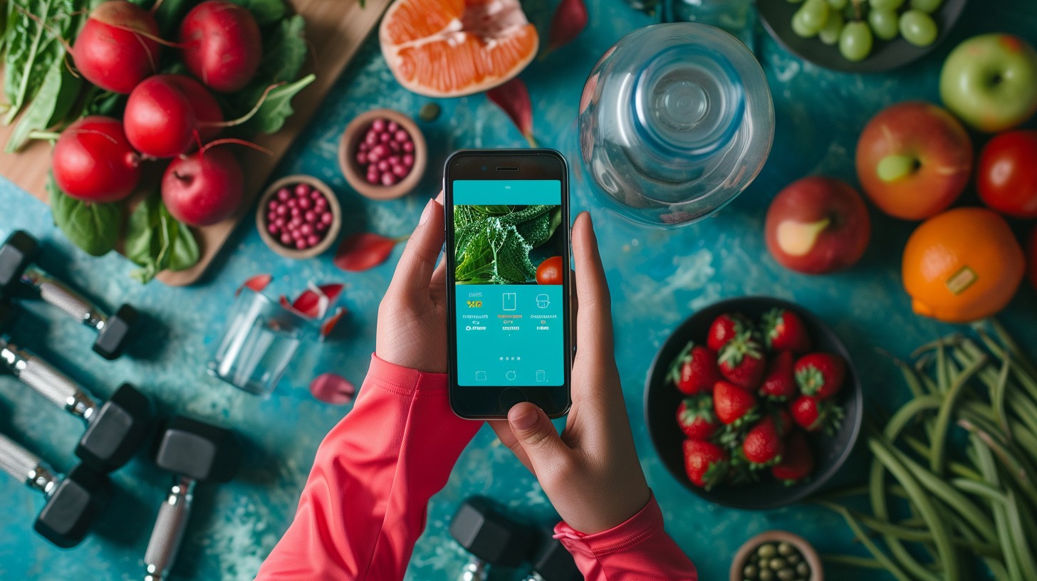 a girl holding a phone with a picture of healthy diet good for hair.