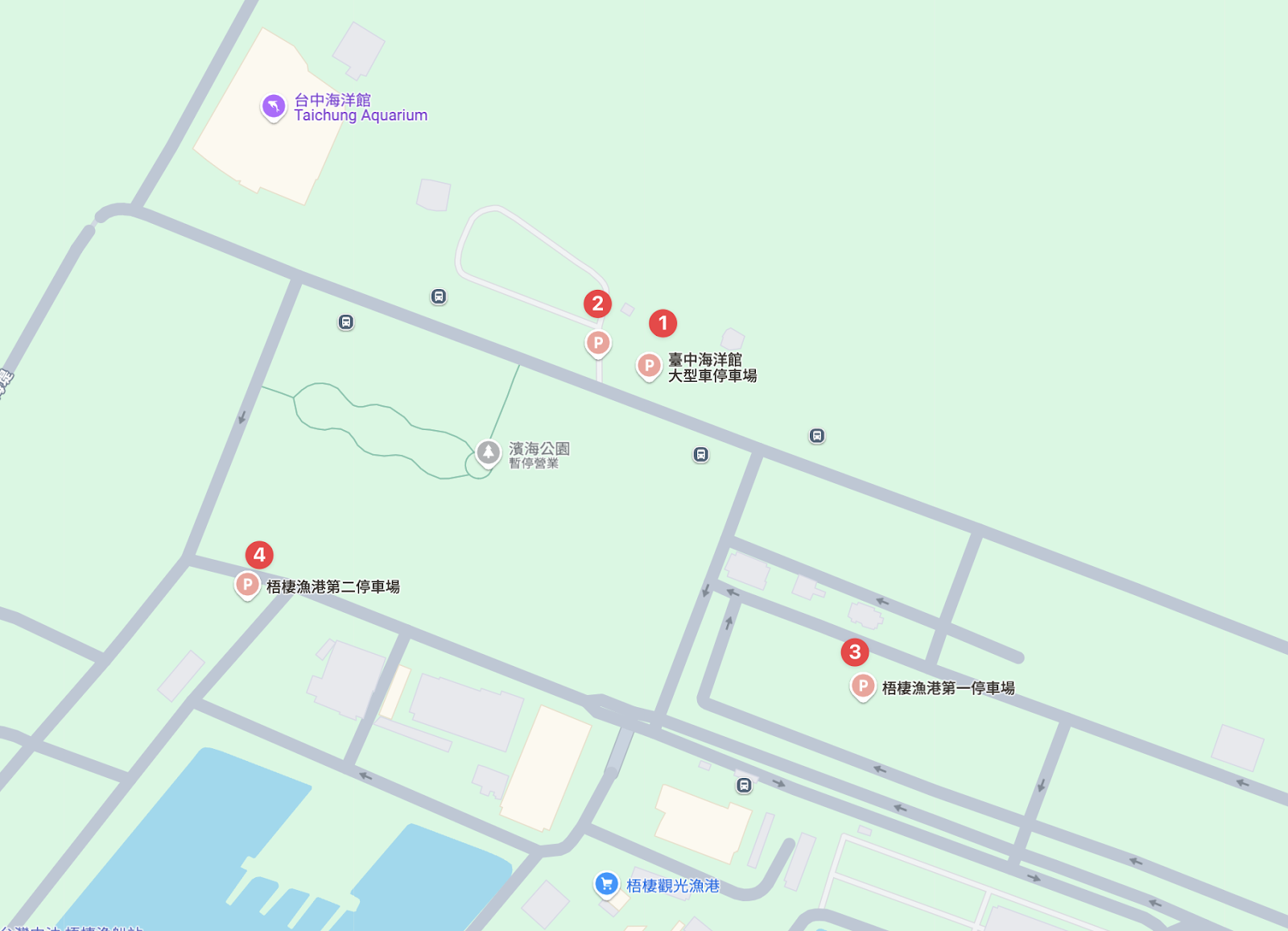 台中海洋館週邊４個停車場位置圖