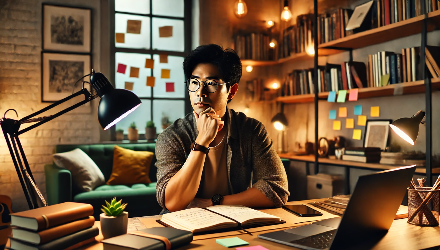 A young man wearing glasses sits at a desk in a warmly lit home office, deep in thought as he writes in a notebook. The room is decorated with bookshelves, sticky notes, and cozy lighting, creating an inspiring and creative atmosphere. A laptop and desk lamp add to the workspace setting.