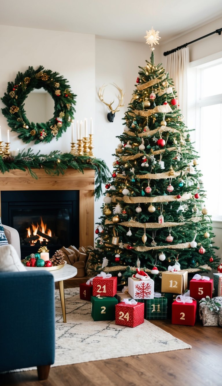 A cozy living room with a fireplace, decorated Christmas tree, and 24 handmade advent calendar boxes filled with festive decor