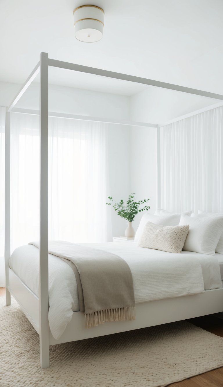 A serene, minimalist white canopy bed in a bright, airy bedroom