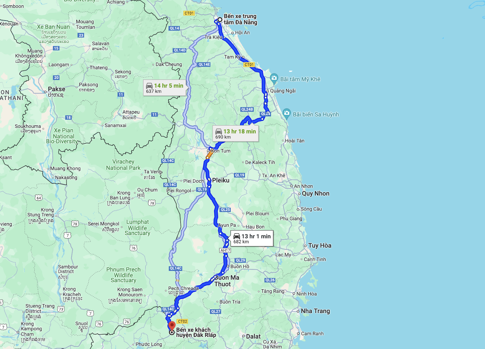 route of quoc dat bus from da nang to dak nong