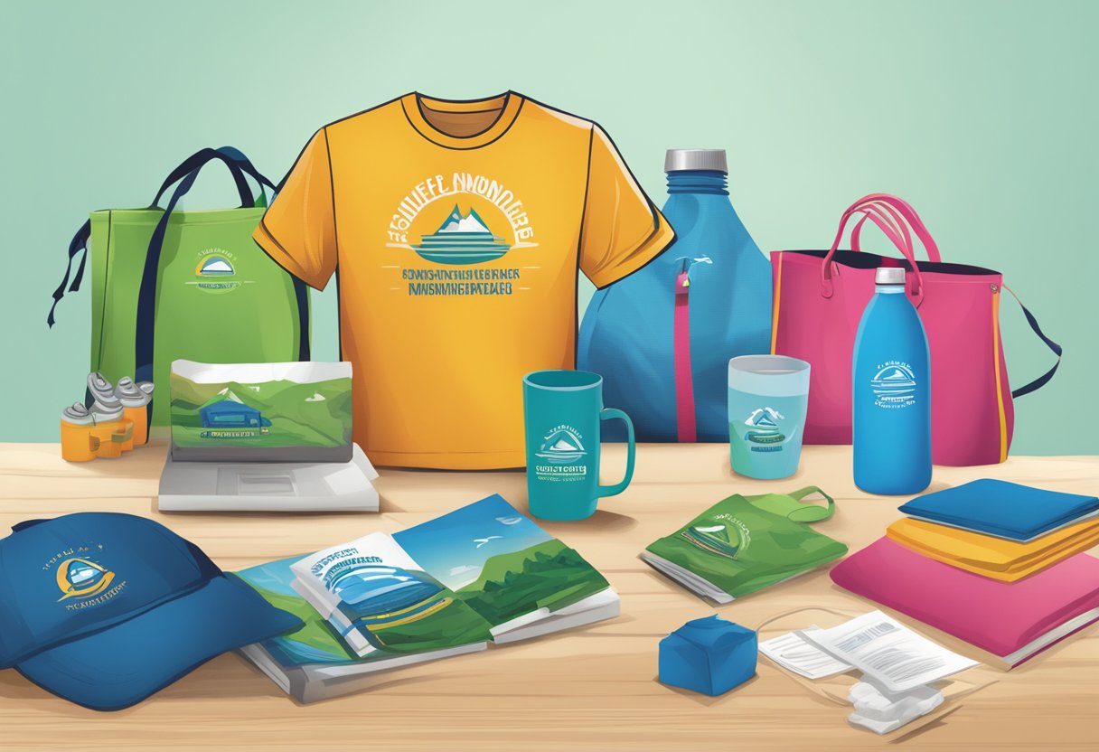 A table adorned with branded merchandise, including t-shirts, tote bags, and water bottles, all featuring the logo of a nonprofit organization