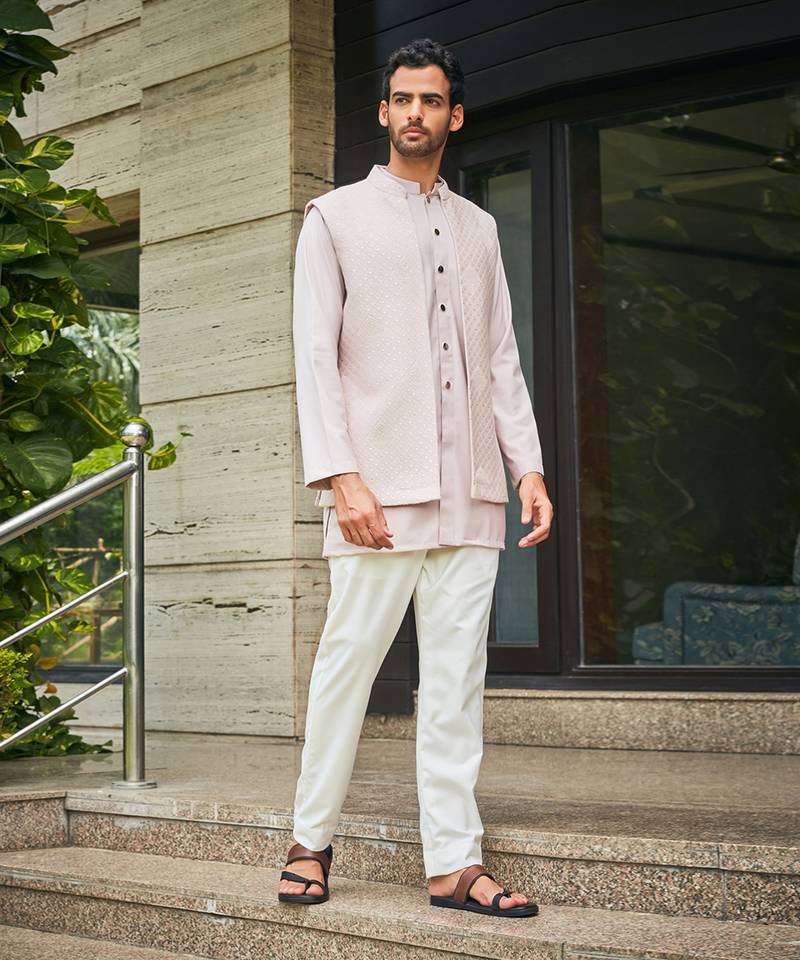 dusty rose vatsa chikankari open nehru jacket set