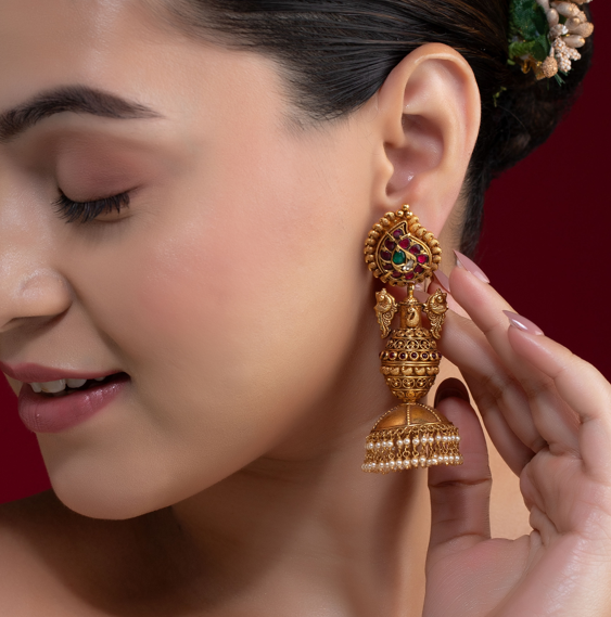 Gold Earrings with Peacock Motif | CKC Jewellery Shop