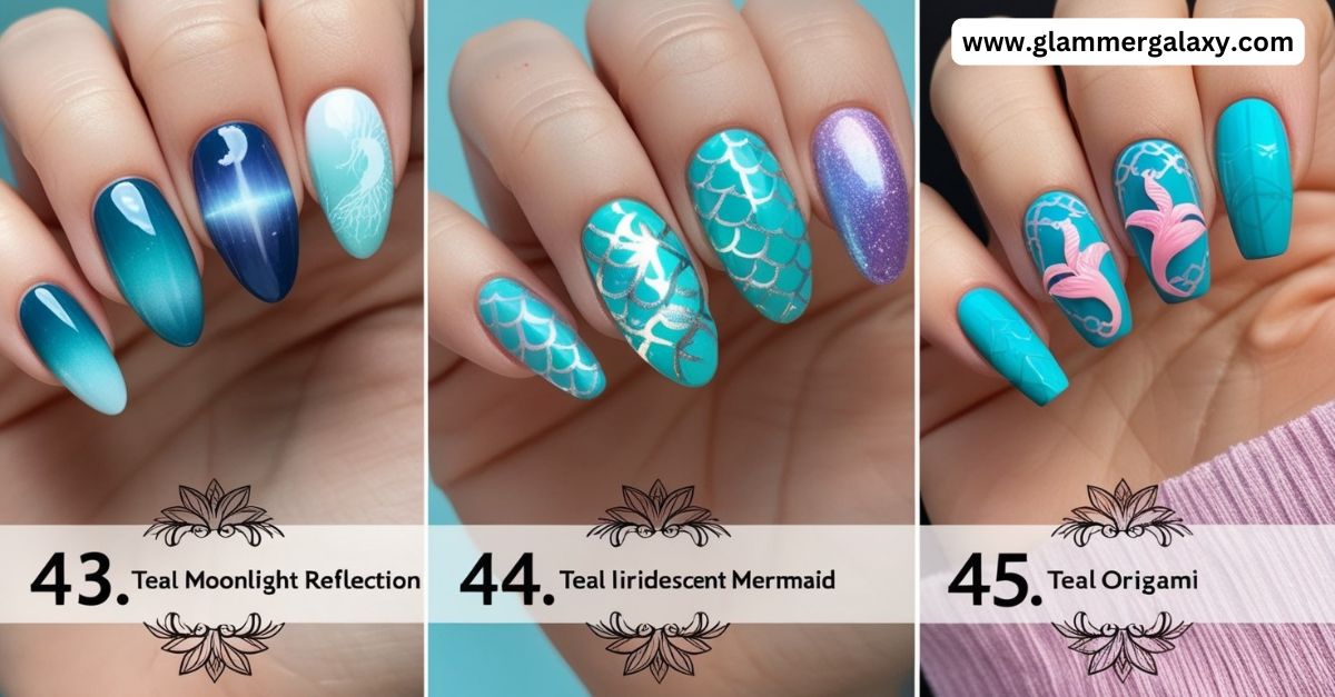 Set of three teal nail art designs, featuring moonlight reflection, iridescent mermaid, and teal origami themes.