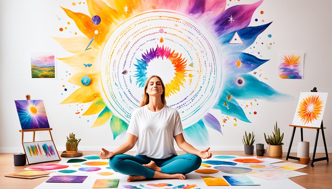 A person meditating in front of a blank canvas, visualizing their dreams and desires coming to life through a burst of colorful energy. Surrounding them are symbols of the manifestation process, such as a vision board, affirmations, crystals, and a gratitude journal. The person is radiating positivity and confidence, empowered by the knowledge that they have the power to bring their dreams into reality.