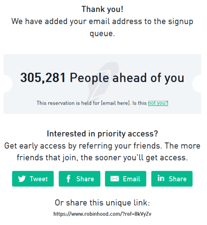 Robinhood’s thank you page with minimalist design and confirmation message.