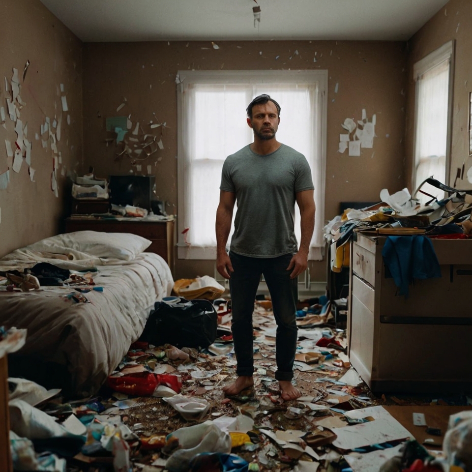 Man standing before a messy room with a determined expression, symbolizing accountability and growth