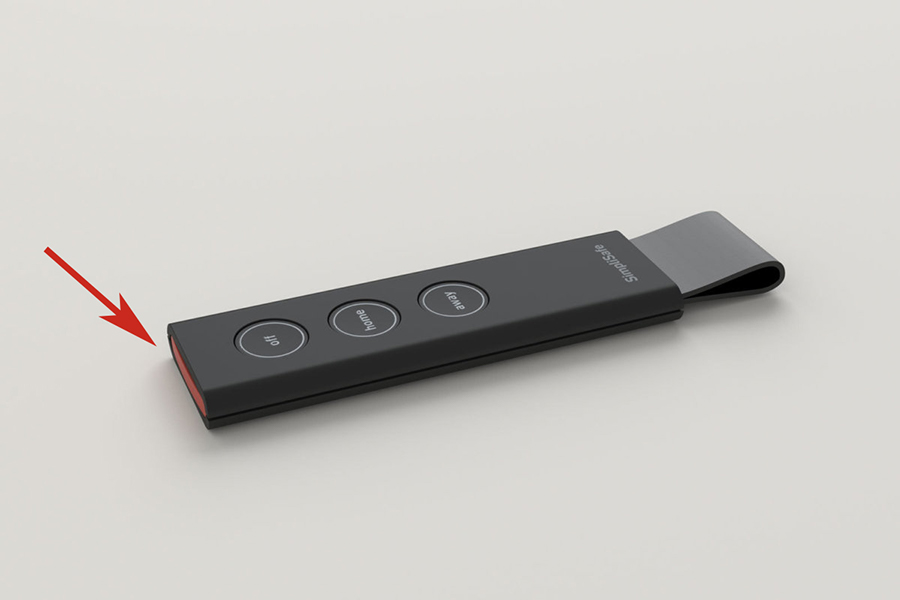 Red arrow pointing at panic button on top of the SimpliSafe® Key Fob.