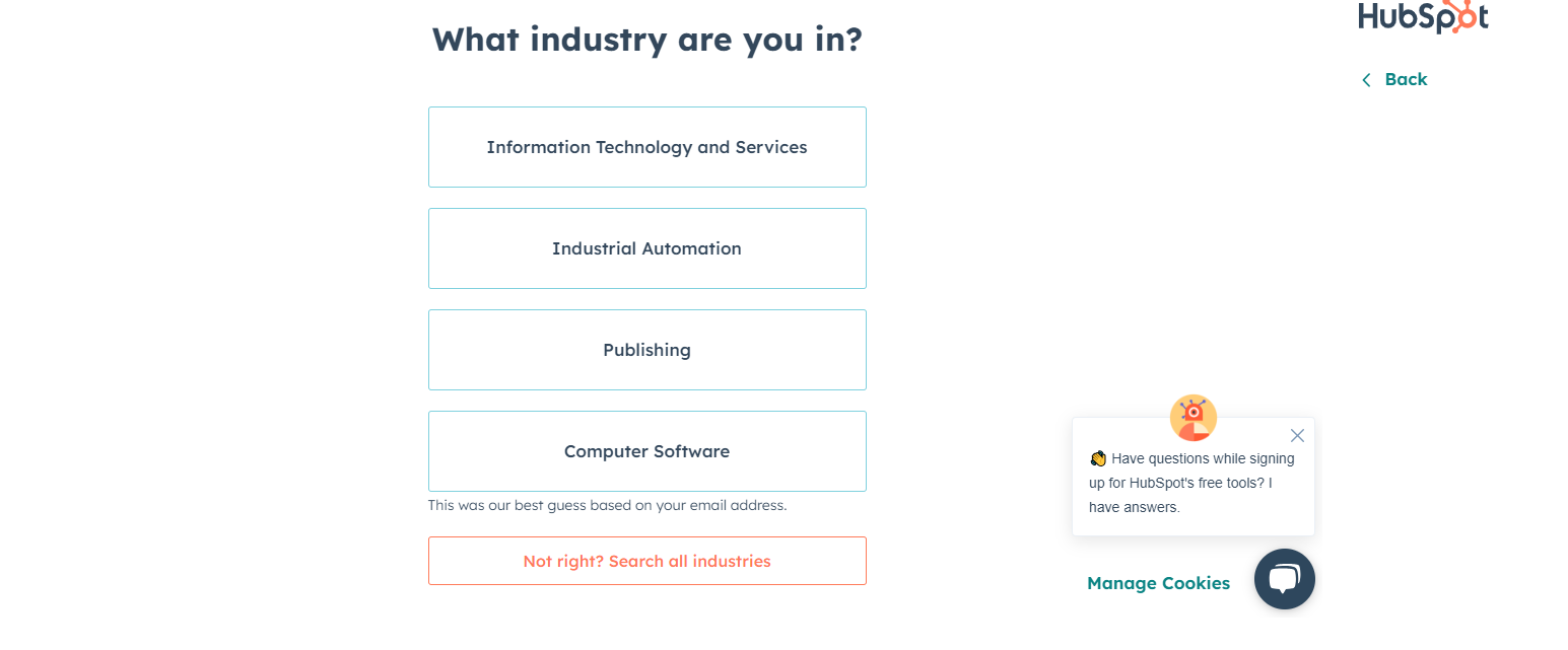 HubSpot industry information form