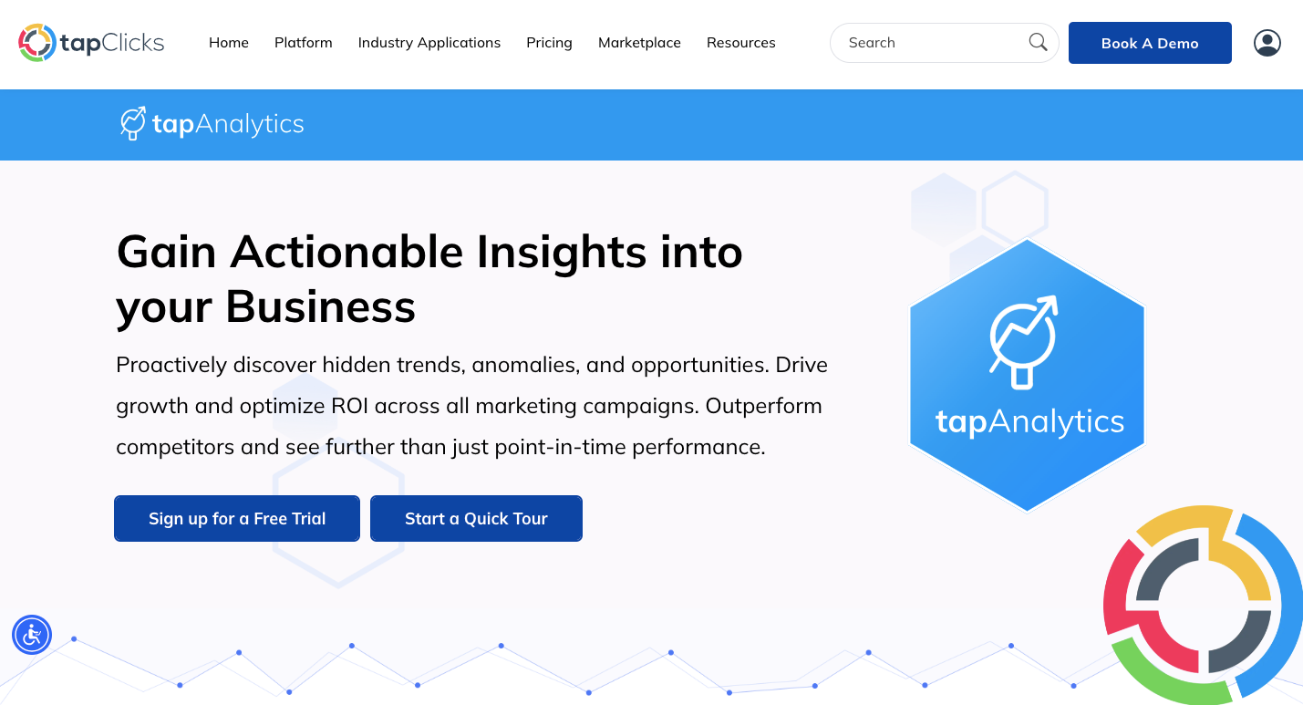 TapAnalytics interface highlighting actionable insights, campaign optimization, and real-time marketing performance tracking through data visualization.