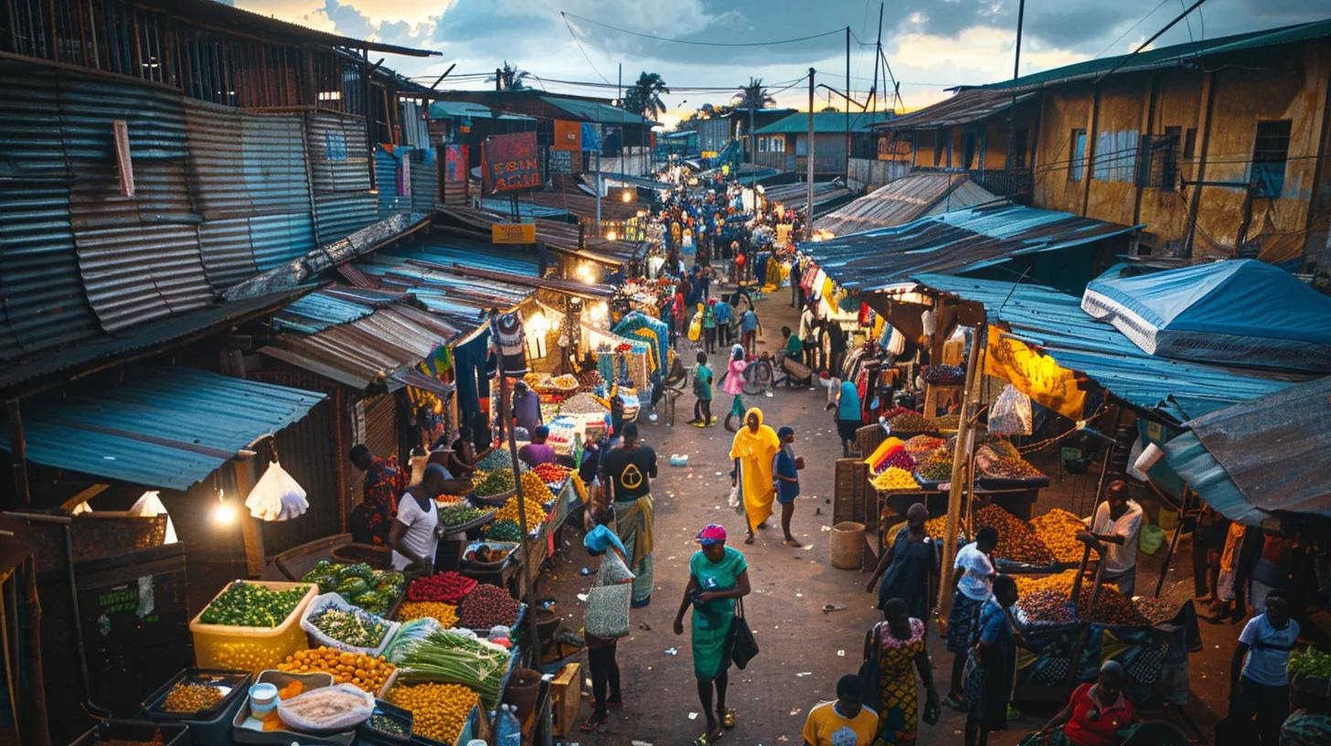 a vibrant urban marketplace in liberia, bustling with diverse locals engaging with brand displays that reflect the rich cultural heritage and values of the community, illuminated by warm, ambient lighting to convey a sense of connection and loyalty.