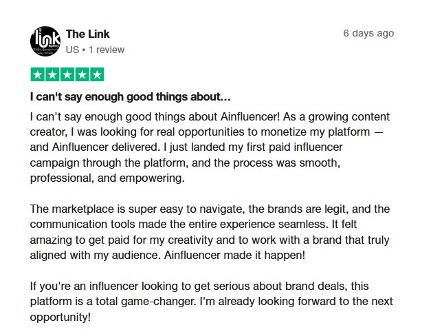 Ainfluencer's user review on Trustpilot as an earned media
