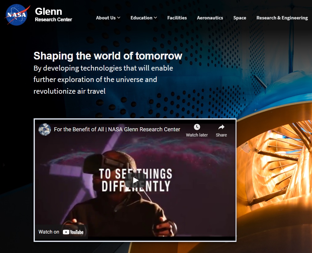 A screenshot of the NASA Glenn Research Center website utilizing the United States Web Design System