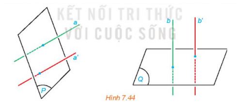 BÀI 25. HAI MẶT PHẲNG VUÔNG GÓC1. GÓC GIỮA HAI MẶT PHẲNG, HAI MẶT PHẲNG VUÔNG GÓCHĐ 1. Cho hai mặt phẳng (P) và (Q). Lấy hai đường thẳng a, a  cùng vuông góc với (P), hai đường thẳng b, b' cùng vuông góc với (Q). Tìm mối quan hệ giữa các góc (a,b) và (a', b').Đáp án chuẩn:Mối quan hệ giữa hai góc (a,b) và (a',b') là bằng nhau.LT 1. Cho hình chóp S.ABCD, đáy ABCD là một hình chữ nhật có tâm O, SO ┴  (ABCD). Chứng minh rằng hai mặt phẳng (SAC) và (SBD) vuông góc với nhau khi và chỉ khi ABCD là một hình vuông.Đáp án chuẩn:Ta có: AC⊥SO và BD⊥SO; SA⊥SO và SB⊥SOVì ABCD là hình vuông, nên AC vuông góc với BD. Khi đó, góc giữa (SAC) và (SBD) là góc giữa đường thẳng AC và BD, mà đó chính là góc vuông. Do đó, (SAC) và (SBD) vuông góc với nhau.2. ĐIỀU KIỆN HAI MẶT PHẲNG VUÔNG GÓCHĐ 2. Cho mặt phẳng (P) chứa đường thẳng b vuông góc với mặt phẳng (Q). Lấy một đường thẳng a vuông góc với (P) (H.7.47).a) Tính góc giữa a và b.b) Tính góc giữa (P) và (Q).Đáp án chuẩn:a) góc giữa a và b bằng góc giữa hai mặt phẳng (S) và (T).b) góc giữa (P) và (Q) bằng góc giữa đường thẳng b và c.LT2 trang 46 sgk Toán 11 tập 2 KNTT: Trong HĐ1 của Bài 23, ta đã nhận ra rằng đường thẳng nối các bán lề của của phòng vuông góc với sàn nhà. Hãy giải thích vì sao trong quá trình đóng – mở, cánh cửa luôn vuông góc với sàn nhà.Đáp án chuẩn:Trong quá trình đóng - mở cánh cửa, bán lề của cánh cửa vẫn cố định với mặt tường, nên đường thẳng nối bán lề của cánh cửa và cạnh của phòng vẫn là đường thẳng vuông góc với sàn nhà. Từ đó suy ra, trong quá trình đóng - mở, cánh cửa luôn vuông góc với sàn nhà.3. TÍNH CHẤT HAI MẶT PHẲNG VUÔNG GÓCHĐ 3 trang 46 sgk Toán 11 tập 2 KNTT: Cho hai mặt phẳng (P) và (Q) vuông góc với nhau. Kẻ đường thẳng a thuộc (P) và vuông góc với giao tuyến $\Delta$ của (P)và (Q). Gọi O là giao điểm của a và $\Delta$. Trong mặt phẳng (Q), gọi b là đường thẳng vuông góc với $\Delta<img nbsp;tại D.a) Tính góc giữa a và b.b) Tìm mỗi quan hệ giữa a và (Q)Đáp án chuẩn:0 độĐường a và đường b là hai đường thẳng vuông góc với nhauĐường a' cũng vuông góc với đường b(Q) và mặt phẳng qua a và a' cũng là hai mặt phẳng vuông góc với nhauHĐ 4 trang 46 sgk Toán 11 tập 2 KNTT: Cho hai mặt phẳng (P) và (Q) cắt nhau theo giao tuyến a cùng vuông góc với mặt phẳng (R). Gọi O là một điểm thuộc a và a' là đường thẳng qua O và vuông góc với (R).a) Hỏi a có nằm trong các mặt phẳng (P). (Q) hay không?b) Tim mối quan hệ giữa a và a'.c) Tim mối quan hệ giữa a và (R).Đáp án chuẩn:a) a nằm trong cả hai mặt phẳng (P) và (Q).b) a' song song với a.c) a vuông góc với mặt phẳng (R).LT3. Với giả thiết như ở Ví dụ 3, chứng minh rằng:a) Các mặt phẳng (AB'C'D') và (ABCD) cùng vuông góc với (SAC);b) Giao tuyến của hai mặt phẳng (AB'C'D') và (ABCD) là đường thẳng đi qua A, nằm trong mặt phẳng (ABCD) và vuông góc với AC.Đáp án chuẩn:a) AB' và AD' cùng nằm trong mặt phẳng vuông góc với đường thẳng (SBC) và (SCD) khi đi qua A, tức là cùng vuông góc với mặt phẳng (SAC).B'C' và B'D' cùng nằm trong mặt phẳng vuông góc với đường thẳng (SAB) và (SCD) khi đi qua A, tức là cùng vuông góc với mặt phẳng (SAC).Vậy (AB'C'D') và (ABCD) đều vuông góc với (SAC).b) đường thẳng AC là đường thẳng giao của hai mặt phẳng (AB'C'D') và (ABCD), và nó nằm trong mặt phẳng (ABCD) và vuông góc với AC.4. GÓC NHỊ PHÂNHĐ 5 . Một tài liệu hướng dẫn rằng đối với ghế bàn ăn, nên thiết kế lưng ghế tạo với mặt ghế một góc có số đo từ 100° đến 105°. Trong Hình 7.51, các tia Ox, Oy được vẽ tương ứng trên mặt ghế, lưng ghế đồng thời vuông góc với giao tuyển a của mặt ghế và lưng ghế.a) Theo tài liệu nói trên, góc nào trong hình nên có số đo từ 100° đến 105°?b) Nếu thiết kế theo hướng dẫn đó thì góc giữa mặt phẳng chứa mặt ghế và mặt phẳng chứa lưng ghế có thể nhận số đo từ bao nhiêu đến bao nhiêu độ?Đáp án chuẩn:a) 100° đến 105°  b) 0 độ đến 90 độ.LT4. Cho hình chóp S.ABC có $SA \perp (ABC)$, AB = AC = a,$\widehat{BAC}=120^{\circ}$ , $SA= \frac{a}{2\sqrt{3}}$. Gọi M là trung điểm của BC.a) Chứng minh rằng SMA là một góc phẳng của góc nhị diện [S, BC, A].b) Tinh số đo của góc nhị diện [S, BC, A]Đáp án chuẩn:a) Chứng minh SMAˆ=180∘−2SMCˆ=>  SMAˆ là một góc phẳng của góc nhị diện [S,BC,A]b) 90 độVận dụng 1: Trong cửa sổ ở Hình 7.56, cánh và khung cửa là các nửa hình tròn có đường kính 80 cm, bản lề được đính ở điểm chính giữa O của các cung tròn khung và cánh cửa. Khi cửa mở, đường kính của khung và đường kính của cánh song song với nhau và cách nhau một khoảng dị khi cửa đóng, hai đường kính đó trùng nhau. Hãy tính số đo của góc nhị diện có hai nửa mặt phẳng tương ứng chứa cánh, khung cửa khi d = 40 cm.Đáp án chuẩn:60∘5. MỘT SỐ HÌNH LĂNG TRỤ ĐẶC BIỆT a) Hình lăng trụ đứng HĐ 6: Các mặt bên của lăng trụ đứng là các hình gì và các mặt bên đó có vuông góc với mặt đáy không? Vì sao?Đáp án chuẩn:Các mặt bên của lăng trụ đứng là các hình chữ nhật, vì chúng được tạo thành bởi cặp đối xứng của các hình chữ nhật đồng dạng và song song với mặt đáy. Các cạnh của các hình chữ nhật này bằng nhau và vuông góc với mặt đáy.Các mặt bên của lăng trụ đứng vuông góc với mặt đáy, vì chúng được tạo thành bởi việc kéo các cạnh của hình đáy theo hướng vuông góc so với mặt đáy. Do đó, các mặt bên là các hình chữ nhật có hai cạnh đối diện vuông góc với mặt đáy.b) Hình lăng trụ đềuHĐ 7: Các mặt bên của hình lăng trụ đều có phải là các hình chữ nhật có cùng kích thước hay không? Vì sao?Đáp án chuẩn:Các mặt bên của một hình lăng trụ đều là các hình chữ nhật có cùng kích thước, khi đường cong của đáy và đỉnh của lăng trụ nằm trên cùng một đường thẳng song song với mặt đáy, thì các hình chữ nhật bên của lăng trụ có cùng kích thước, vì chúng đều có chiều cao bằng độ dài của cạnh đáy và chiều dài bằng chu vi của đáy.c) Hình hộp đứngHĐ 8: Trong 6 mặt của hình hộp đứng, có ít nhất bao nhiêu mặt là hình chữ nhật? Vì sao?Đáp án chuẩn:vì hình hộp được tạo thành từ hai hình vuông kề nhau và các đường thẳng nối các cạnh của hai hình vuông này đều là các đoạn thẳng và song song với các mặt hình vuông. d) Hình hộp chữ HĐ 9: a) Hình hộp chữ nhật có bao nhiêu mặt là hình chữ nhật? Vì sao?b) Các đường chéo của hình hộp chữ nhật có bằng nhau và cắt nhau tại trung điểm mỗi đường hay không? Vi sao?Đáp án chuẩn:a) Hình hộp chữ nhật có 6 mặt, trong đó 2 mặt đối diện là hình chữ nhật và các mặt bên là hình chữ nhật nữa. b) vì hình hộp chữ nhật có đối xứng giữa các đường chéo dài. Một đường chéo là đoạn thẳng nối hai đỉnh không kề nhau của hình chữ nhật. Vì hình chữ nhật có hai cặp đỉnh đối diện, nên hình hộp chữ nhật sẽ có 2 đường chéo dài, mỗi đường chéo nối hai đỉnh đối diện của hình hộpe) Hình lập phươngHĐ 10: Các mặt của một hình lập phương là các hình gì? Vì sao?Đáp án chuẩn:Mặt của một hình lập phương là các hình vuôngVận dụng 2: Từ một tấm tôn hình chữ nhật, tại 4 góc bác Hùng cắt bỏ đi 4 hình vuông có cũng kích thước và sau đó hàn gắn các mép tại các góc như Hình 7.65. Giải thích vì sao bằng cách đó, bác Hùng nhận được chiếc thùng không nắp có dạng hình hộp chữ nhật.Đáp án chuẩn:Do các hình vuông được cắt ra từ tấm tôn góc ban đầu có kích thước giống nhau, do đó khi ghép các mép lại với nhau, ta sẽ có được đường biên của chiếc hộp chữ nhật.6. HÌNH CHÓP ĐỀU VÀ HÌNH CHÓP CỤT ĐỀUHĐ 11: Tháp lớn tại Bảo tàng Louvre ở Paris (H.7.66) (với kết cấu kinh và kim loại) có dạng hình chóp với đây là hình vuông có cạnh bằng 34 m, các cạnh bên bằng nhau và có độ dài xấp xỉ 32,3 m (theo Wikipedia.org).Giải thích vì sao hình chiếu của đỉnh trên đây là tâm của đáy tháp.Đáp án chuẩn:Vì hình chóp là một hình thể có tính chất đồng nhất, nên đường phân giác của tất cả các góc của đáy là một đường chung, chính là đường vuông góc với mặt phẳng đáy. Do đó, hình chiếu của đỉnh trên đáy tháp sẽ nằm ở trung tâm của hình vuông đáy.HĐ 12: Cho hình chóp S.A1A2...An. Gọi O là hình chiếu của S trên mặt phẳng (A1A2...An).a) Trong trường hợp hình chóp đã cho là đều, vị trí của điểm O có gì đặc biệt đối với tam giác đều A1A2...An?b) Nếu đa giác A1A2...An là đều và O là tâm của đa giác đó thì hình chóp đã cho có gì đặc biệt?Đáp án chuẩn:a) Trong trường hợp hình chóp đã cho là đều, vị trí của điểm O  sẽ trùng với tâm của đường tròn này, tức là tâm của đa giác đều A1A2...An.b) Nếu đa giác A1A2...An là đều và O là tâm của đa giác đó, thì hình chóp đã cho sẽ là một hình chóp đều.LT5: Cho hình chóp tam giác đều S.ABC, cạnh đáy bằng a, cạnh bên bằng $a\sqrt{\frac{5}{12}}$.Tính số đo của góc nhị diện [S, BC, A].Đáp án chuẩn:38∘HĐ 13: Cho hình chóp đều S.A1A2...An. Một mặt phẳng không đi qua S và song song với mặt phẳng đáy, cắt các cạnh SA1, SA2,.... SAn, tương ứng tai B1B2,....,Bna) Giải thích vì sao S.B1,B2,....,Bn, là một hình chóp đều.b) Gọi H là tâm của đa giác A1A2...An. Chứng minh rằng đường thẳng SH đi qua tâm K của đa giác đều B1,B2,....,Bn, và HK vuông góc với các mặt phẳng (A1A2...An). (B1B2,....,Bn)Đáp án chuẩn:a) Vì mặt phẳng cắt các cạnh SA1, SA2,.... SAn, tương ứng tại B1B2,....,Bn là một mặt phẳng song song với mặt phẳng đáy nên các tam giác SA1B1, SA2B2,...., SAnBn đều và có cùng diện tích. Do đó, ta có thể kết luận rằng S.B1B2...Bn là một hình chóp đều.b) Từ câu a) ta suy ra rằng các đoạn thẳng S.B1, SB2, ..., SAn đều có cùng độ dài, và K là trung điểm của đoạn thẳng B1B2,....,Bn.ta sử dụng tính chất của hình chóp đều và đa diện đều:H nằm trên đường thẳng SA1, do đó HK song song với SA1 và vuông góc với mặt phẳng đáy A1A2...An.HK vuông góc với các mặt phẳng A2A3...AnA1, A3A4...A1A2, ..., AnA1...A(n-1).Vì các đoạn thẳng SB1, SB2, ..., SAn đều có cùng độ dài nên S.B1B2...Bn là một đa giác đều, và K là tâm của đa giác đều này. Do đó, ta có thể thấy rằng HK là đường cao của tam giác S.B1B2, vì vậy HK vuông góc với mặt phẳng B1B2...Bn.BÀI TẬP