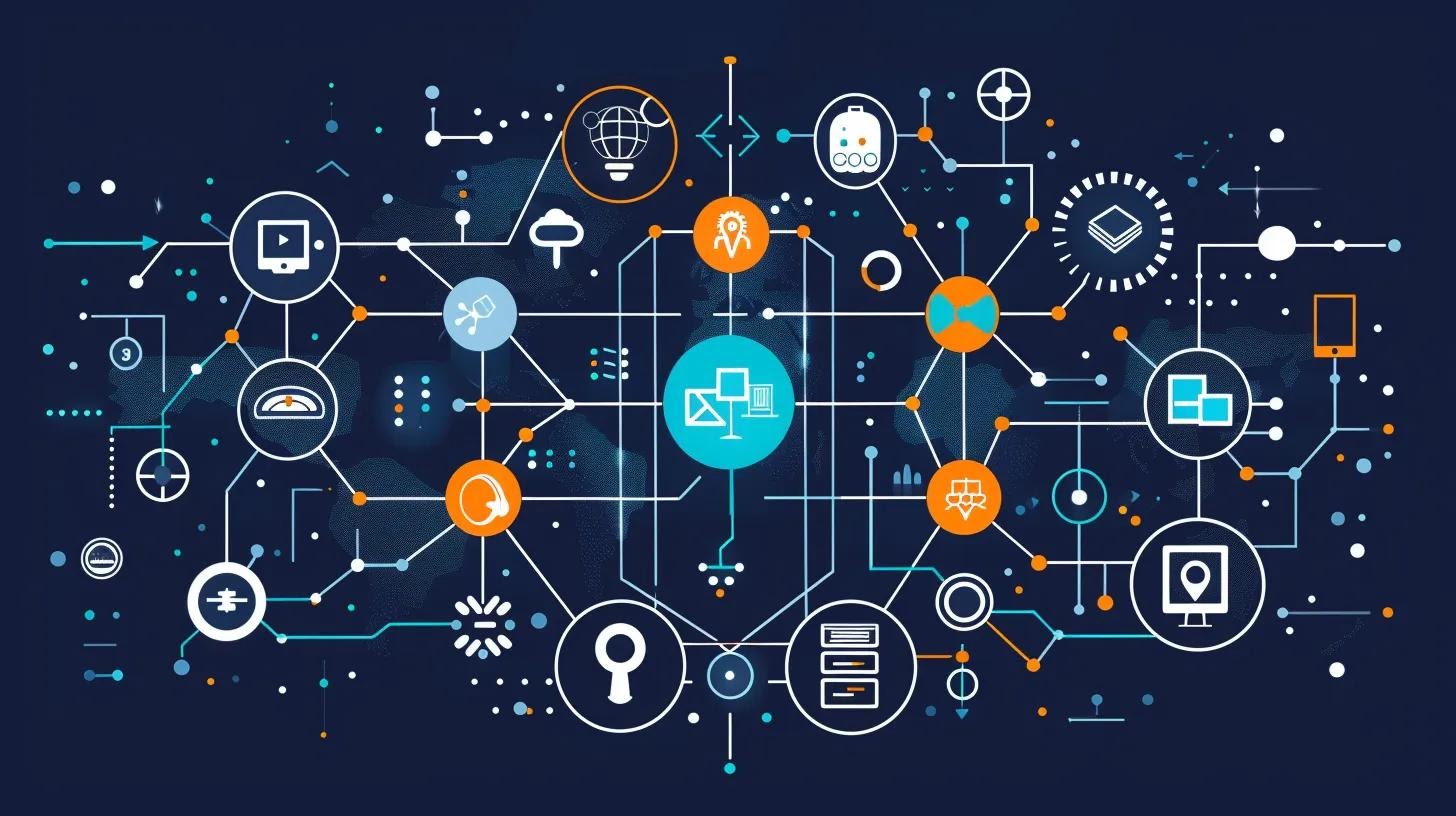 A stylized workflow diagram illustrating automated outbound marketing processes: lead sourcing, segmentation, messaging, and tracking—all connected by AI nodes and data flow lines, symbolizing scalability.