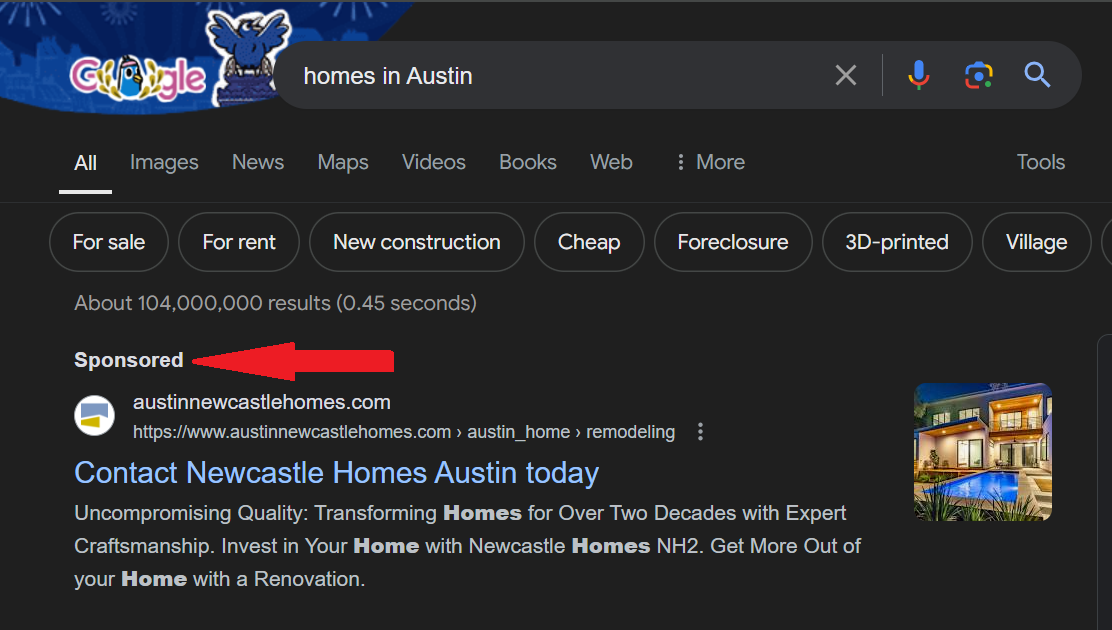 Google Ads for Real Estate. Google Ad for "homes in Austin"