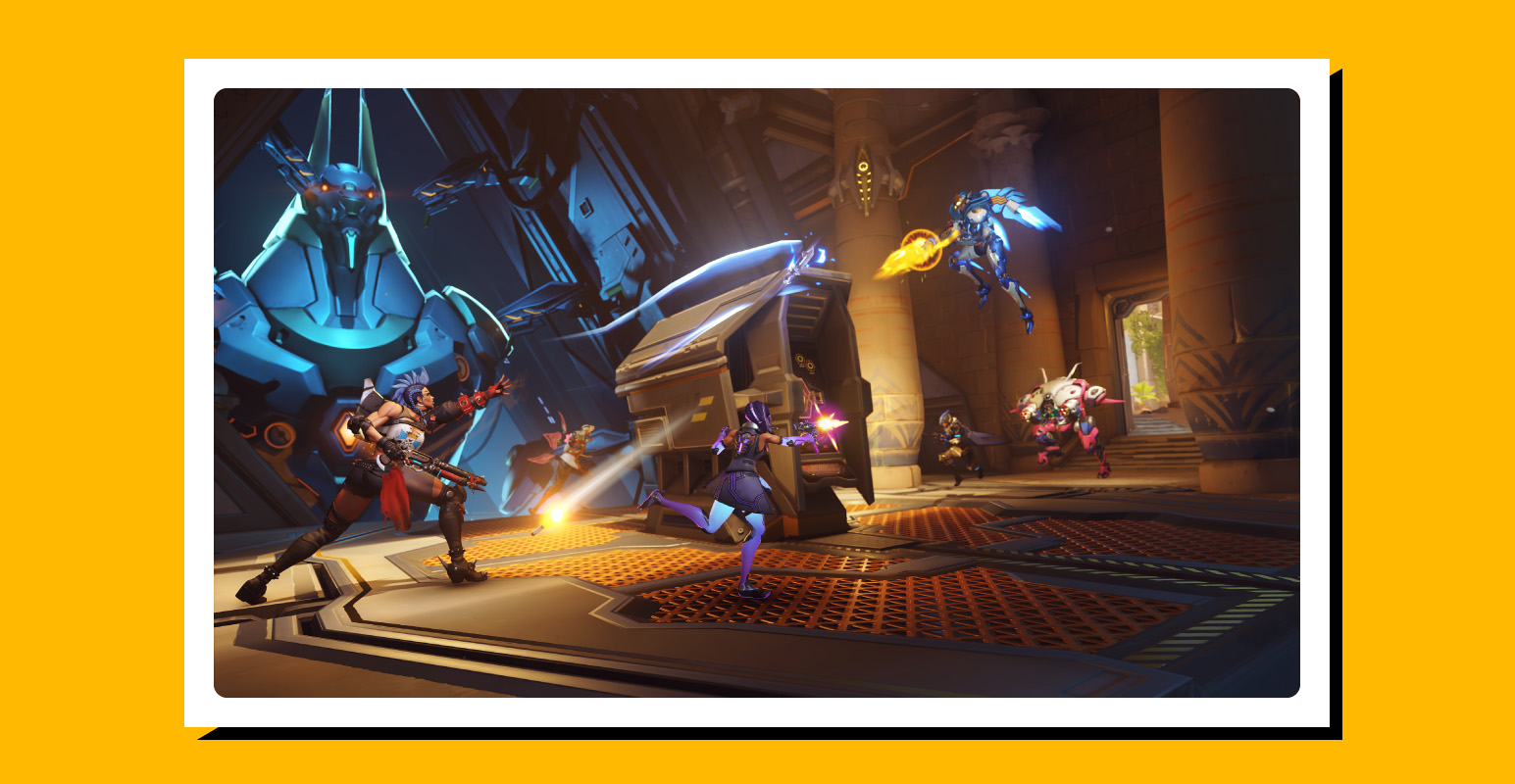 Screenshot of Overwatch 2 gameplay with a stylized yellow border