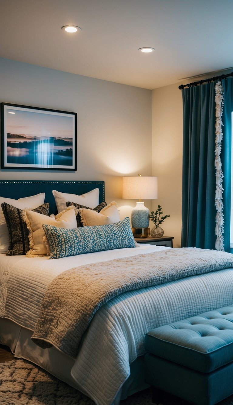 A cozy guest bedroom with dimmable lighting, featuring a variety of design ideas such as layered bedding, accent pillows, and a mix of textures and patterns