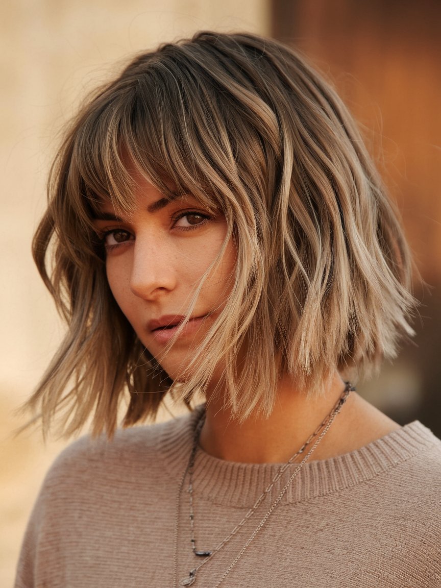 61. Textured Bob with Blunt and V-Cut Ends