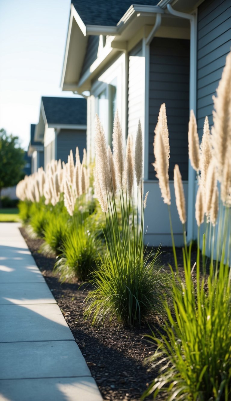 A row of tall, feathery ornamental grasses lines the side of a house, swaying gently in the breeze. The sun casts long shadows across the neatly landscaped area