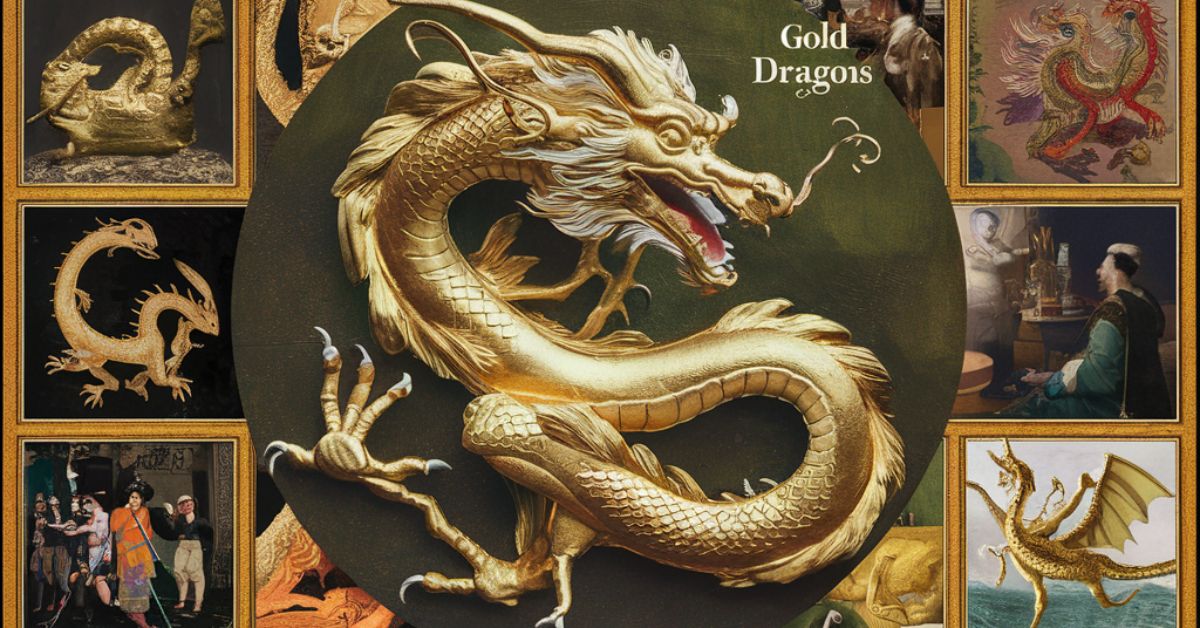 Two golden dragons engage in a fierce battle in the sky, symbolizing the reception and influence of mythical creatures.