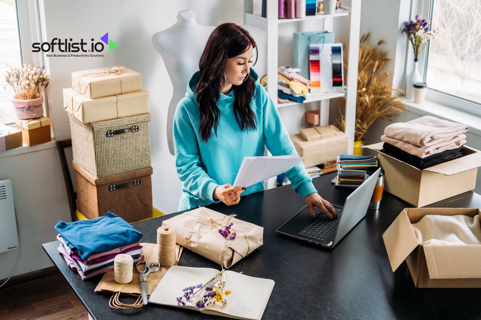 Woman managing an online store, packing orders near a laptop in a workspace.