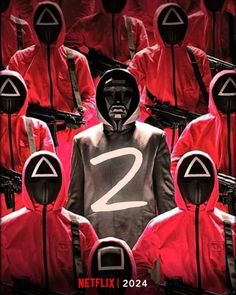 This contain an image of  the poster for netflix's 2 is shown in front of many red hooded men