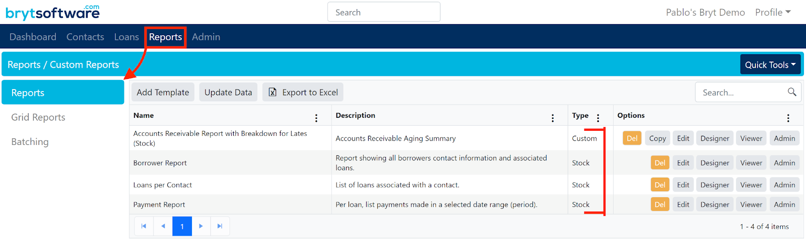 Custom Reports interface in BrytSoftware, listing financial reports with options to edit, copy, delete, and export data.